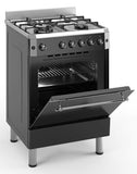 Ferre F6IP40GF-IBL-RETRO 60cm Freestanding Gas Cooker With Wok Burner & Turbo Fan -  Shiny Stainless Steel & Black