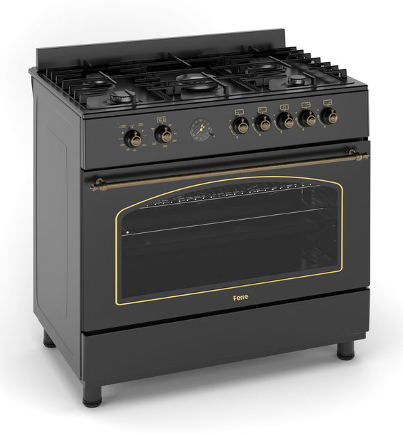 Ferre F9H50E7-BL-RETRO 90cm Dual Fuel Range Cooker With Double Turbo Fan & 5 Burner(1 Wok) - Matte Black