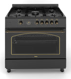 Ferre F9H50GF-BL-RETRO 90cm Gas Range Cooker With Double Turbo Fan & 5 Burner(1 Wok) Gas Hob - Black