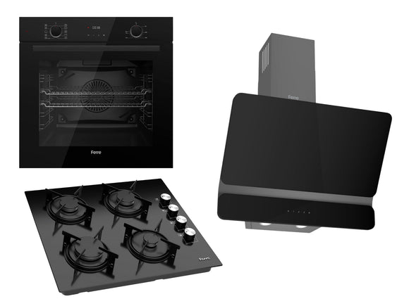 Ferre 60cm Electric Built-in Oven & Gas Hob & Chimney Cooker Hood Pack 2 - Dual Plane - Black