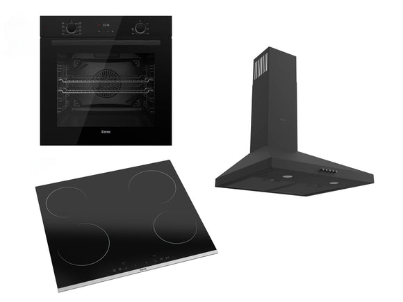 Ferre 60cm Electric Built-in Oven & 60cm Ceramic Hob & 50cm Pyramid Hood Pack - Black 1