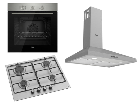 Ferre 60cm Electric Built-in Oven & Gas Hob & 60 Pyramid Cooker Hood Pack Stainless Steel