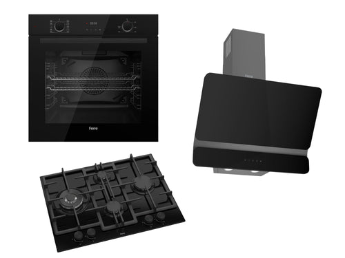 Ferre 60cm Electric Built-in Oven & Gas Hob & Chimney Cooker  Hood Pack - Dual Plane - Black