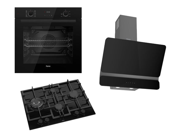 Ferre 60cm Electric Built-in Oven & Gas Hob & Chimney Cooker  Hood Pack - Dual Plane - Black