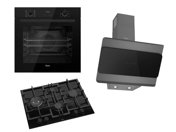 Ferre 60cm Electric Built-in Oven & Gas Hob & Chimney Cooker Hood Pack - Layered - Black