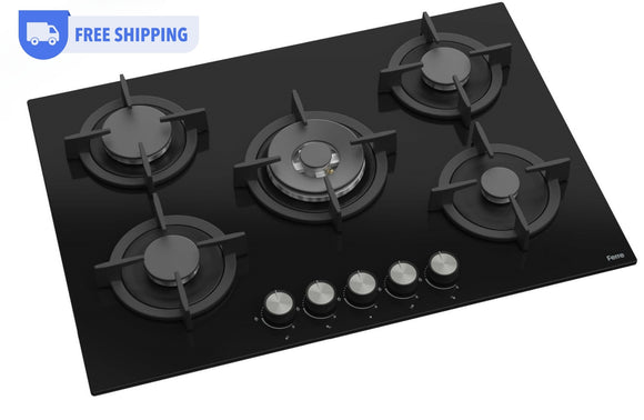 Ferre RC035 - 75cm Built-in Gas Hob - 5 Burners - Black Glass - Cast Iron Pan Supports