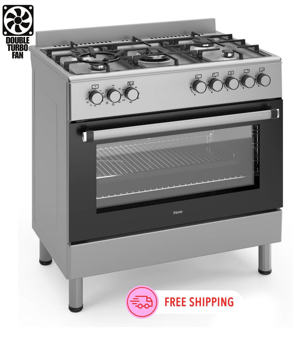 Ferre F9S50E7-X3-IN 90cm Dual Fuel Range Cooker With Double Turbo Fan & 5 Burner(1 Wok) - Stainless Steel