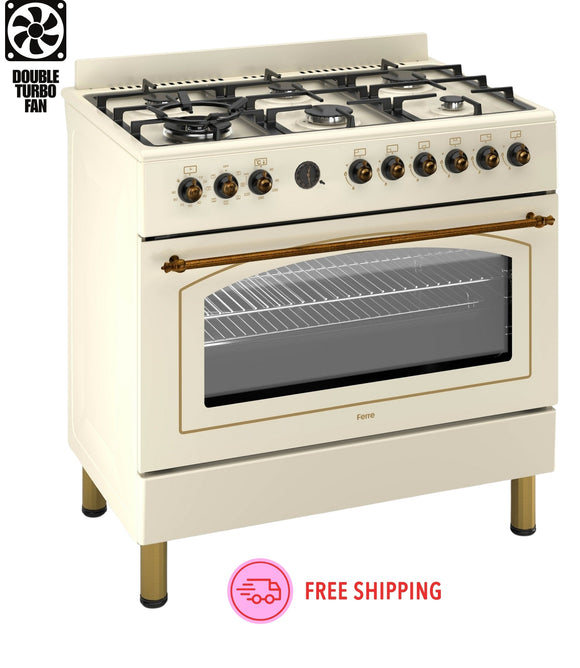 Ferre F9S60E7-CR-RETRO 90cm Dual Fuel Range Cooker With Double Turbo Fan & 6 Burner(1 Wok) - Cream