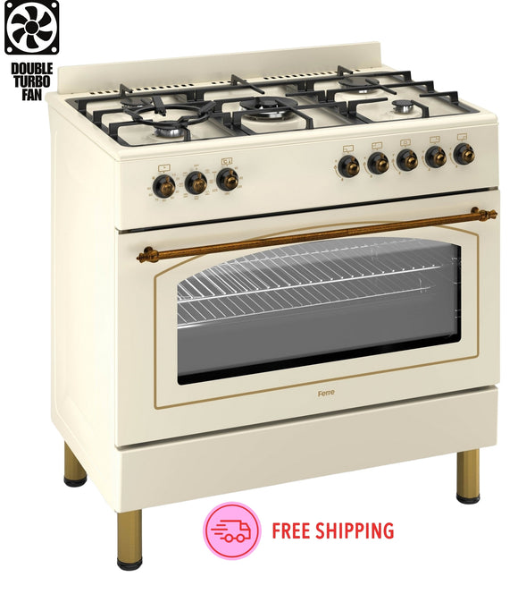Ferre F9S50E7-CR-RETRO 90cm Dual Fuel Range Cooker With Double Turbo Fan & 5 Burner(1 Wok) - Cream