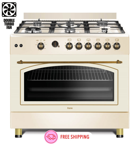 Ferre F9S60GF-CR-RETRO 90cm Gas Range Cooker With Double Turbo Fan & 6 Burner(1 Wok) Gas Hob - Cream