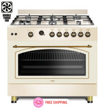 Ferre F9S60GF-CR-RETRO 90cm Gas Range Cooker With Double Turbo Fan & 6 Burner(1 Wok) Gas Hob - Cream