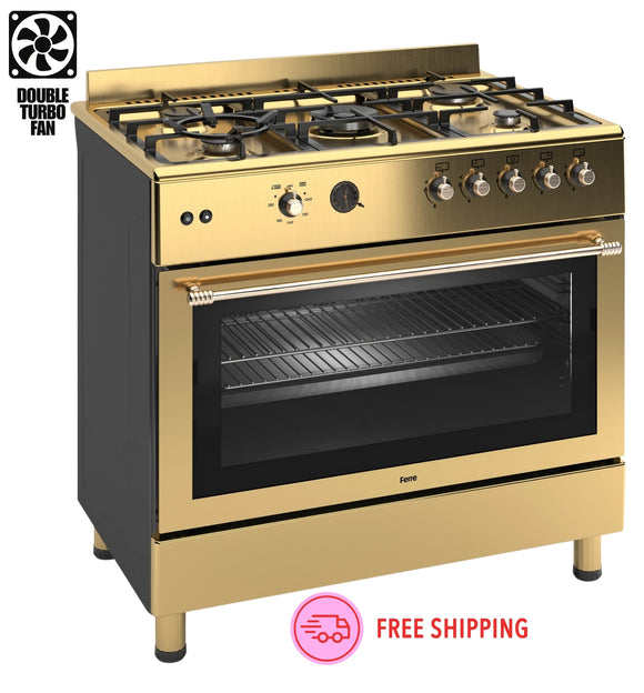 Ferre F9S50GF-GI-RETRO 90cm Gas Range Cooker With Double Turbo Fan & 5 Burner(1 Wok) Gas Hob - Gold