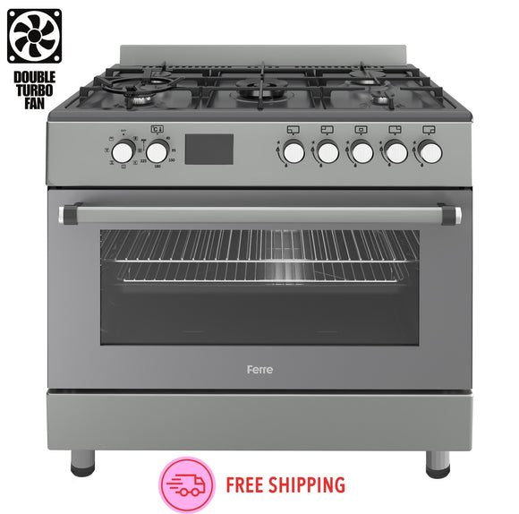 Ferre F9S50E7-GRD 90cm Dual Fuel Range Cooker With Double Turbo Fan & 5 Burner(1 Wok) - Dove Grey