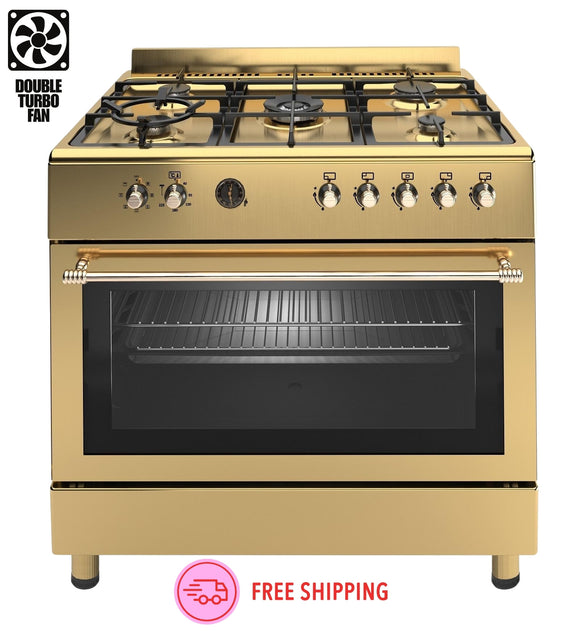 Ferre F9S50E7-GI-RETRO 90cm Dual Fuel Range Cooker With Double Turbo Fan & 5 Burner(1 Wok) - Gold