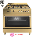 Ferre F9S50E7-GI-RETRO 90cm Dual Fuel Range Cooker With Double Turbo Fan & 5 Burner(1 Wok) - Gold