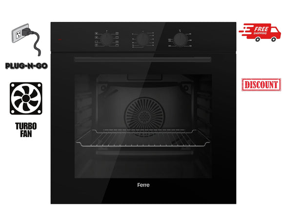 Ferre QBP8- BL - 60cm Electric Built-in Oven - 68L - Turbo Fan & Turbo Resistant & Grill Resistant - Black