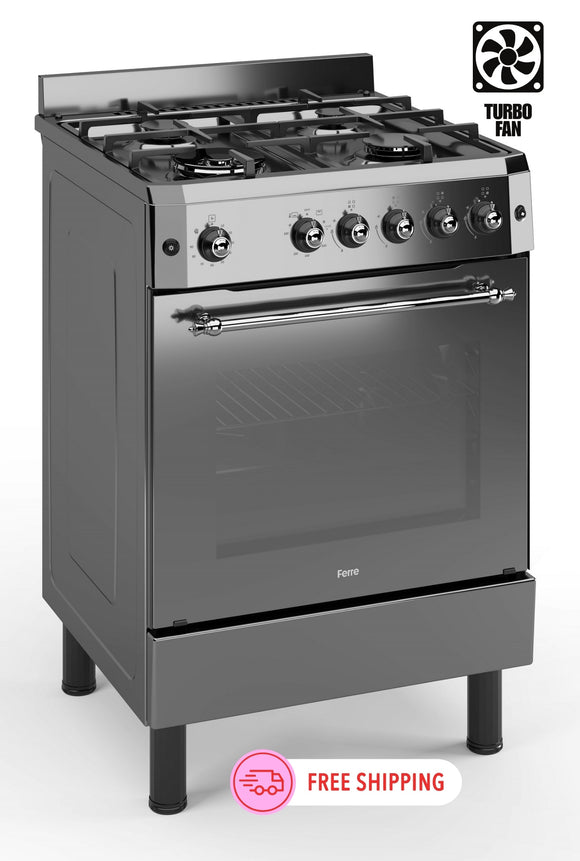 Ferre F6IP40GF-MBL-RETRO-W 60cm Freestanding Gas Cooker With Wok Burner & Turbo Fan - Anthracite Stainless Steel