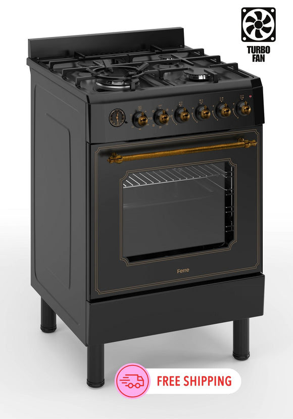 Ferre F6IP40E7-BL-RETRO-W 60cm Freestanding Dual Fuel Cooker With Wok Burner  & Turbo Fan - Matte Black