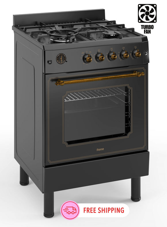 Ferre F6IP40GF-BL-RETRO-W 60cm Freestanding Gas Cooker With Wok Burner  & Turbo Fan - Matte Black
