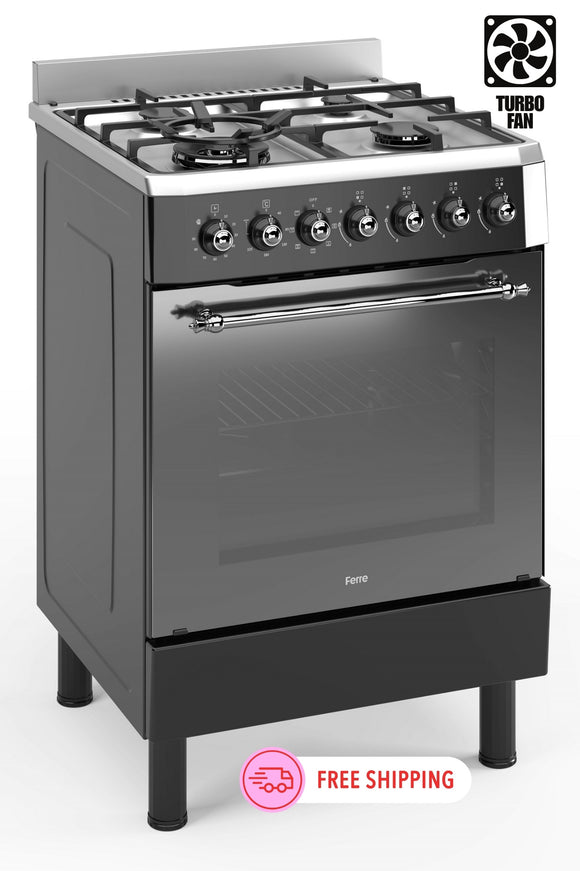 Ferre F6IP40E7-IBL-RETRO 60cm Freestanding Dual Fuel Cooker With Wok Burner & Turbo Fan - Shiny Stainless Steel & Black