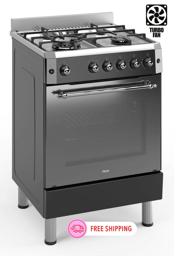 Ferre F6IP40GF-IBL-RETRO 60cm Freestanding Gas Cooker With Wok Burner & Turbo Fan -  Shiny Stainless Steel & Black