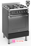 Ferre F6IP40GF-IBL-RETRO 60cm Freestanding Gas Cooker With Wok Burner & Turbo Fan -  Shiny Stainless Steel & Black