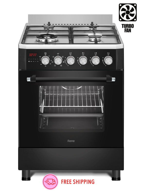 Ferre F6IP40E6-IBL-W 60cm Freestanding Dual Fuel Cooker With Wok Burner  Digital Timer & Turbo Fan - Black