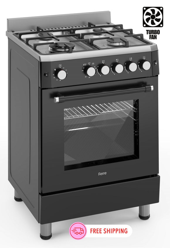 Ferre F6IP40GF-IBL-W 60cm Freestanding Gas Cooker With Wok Burner & Turbo Fan - Black