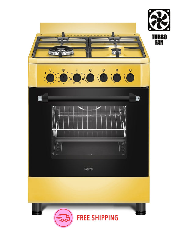 Ferre  F6IP40E6-GIN-W 60cm Freestanding Dual Fuel Cooker With Wok Burner  Mechanical Timer & Turbo Fan - Gold