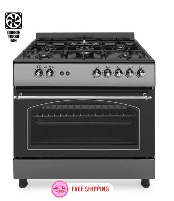 Ferre F9S50GF-MBL-RETRO 90cm Gas Range Cooker Double Turbo Fan & 5 Burner(1 Wok) - Anthracite