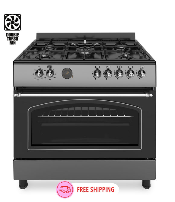 Ferre F9S50E7-MBL-RETRO 90cm Dual Fuel Range Cooker With Double Turbo Fan & 5 Burner(1 Wok) - Anthracite