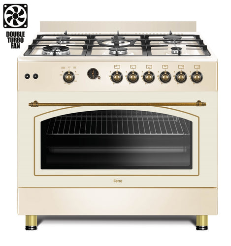 Ferre F9S60GF-CR-RETRO 90cm Gas Range Cooker With Double Turbo Fan & 6 Burner(1 Wok) Gas Hob - Cream