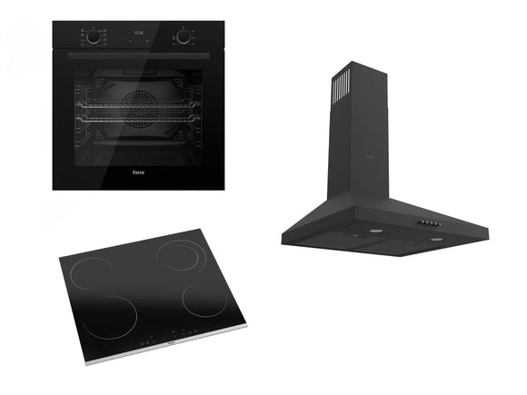 Ferre 60cm Electric Built-in Oven & 60cm Ceramic Hob (1 Dual Zone) & 50cm Pyramid Hood Pack - Black 1