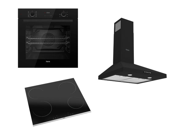 Ferre 60cm Electric Built-in Oven & 60cm Ceramic Hob & 50cm Pyramid Hood Pack - Black 1