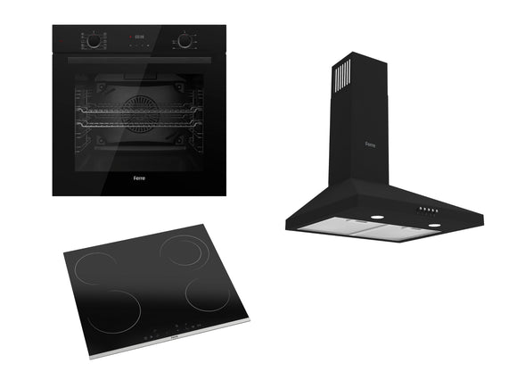 Ferre 60cm Electric Built-in Oven & 60cm Ceramic Hob (1 Dual Zone) & 50cm Pyramid Hood Pack - Black 1