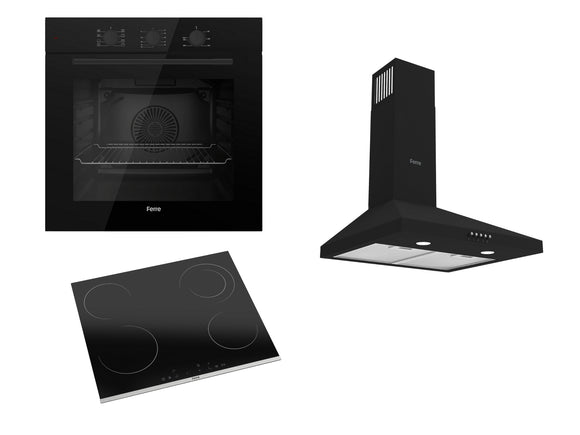 Ferre 60cm Electric Built-in Oven & 60cm Ceramic Hob (1 Dual Zone) & 50cm Pyramid Hood Pack - Black 2