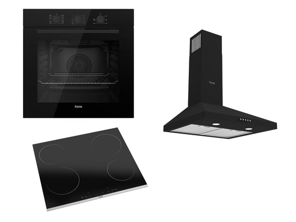 Ferre 60cm Electric Built-in Oven & 60cm Ceramic Hob & 50cm Pyramid Hood Pack - Black 2