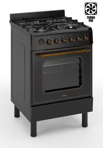 Ferre F6IP40E7-BL-RETRO-W 60cm Freestanding Dual Fuel Cooker With Wok Burner  & Turbo Fan - Matte Black