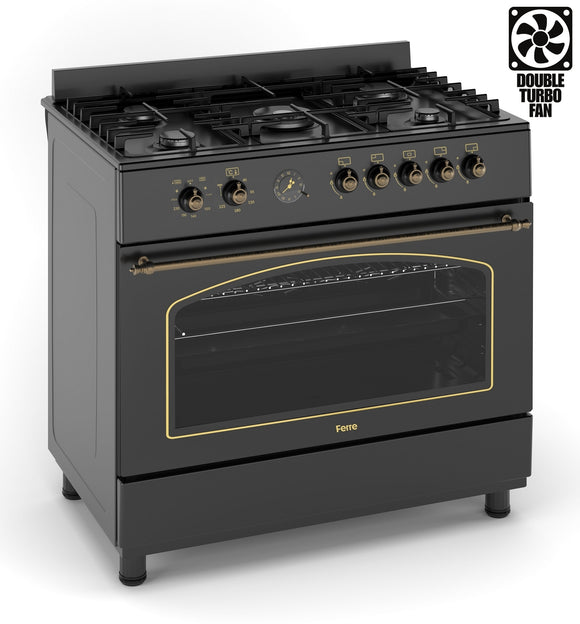 Ferre F9H50E7-BL-RETRO 90cm Dual Fuel Range Cooker With Double Turbo Fan & 5 Burner(1 Wok) - Matte Black
