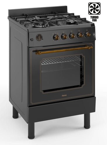 Ferre F6IP40GF-BL-RETRO-W 60cm Freestanding Gas Cooker With Wok Burner  & Turbo Fan - Matte Black