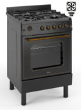 Ferre F6IP40GF-BL-RETRO-W 60cm Freestanding Gas Cooker With Wok Burner  & Turbo Fan - Matte Black