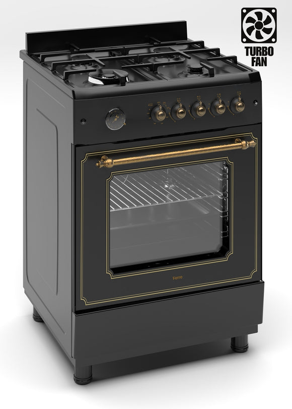 Ferre F6IP40GF-BL-RETRO-W 60cm Freestanding Gas Cooker With Wok Burner  & Turbo Fan - Matte Black