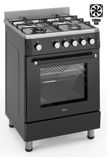 Ferre F6IP40GF-IBL-W 60cm Freestanding Gas Cooker With Wok Burner & Turbo Fan - Black