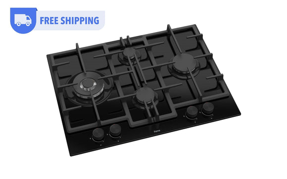 Ferre ED075W - 65cm Built-in Gas Hob - 4 Burners - Cast Iron Pan Supports - Black Glass Body