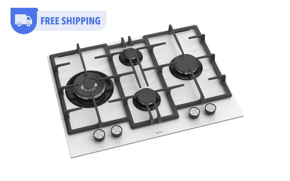 Ferre ED076W - 65cm Built-in Gas Hob - 4 Burners - Cast Iron Pan Supports - White Glass Body