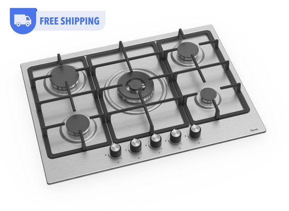 Ferre EL008 - 70cm Built-in Gas Hob - 5 Burners - Cast Iron Pan Supports - Wok Burner - Stainless Steel Body