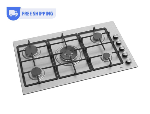 Ferre EL010 - 90cm Built-in Gas Hob - 5 Burners - Cast Iron Pan Supports - Wok Burner - Stainless Steel Body