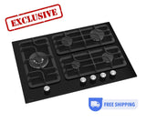 Ferre SL135 - 70cm Built-in Gas Hob - 5 Burners - Black Glass - Cast Iron Pan Supports