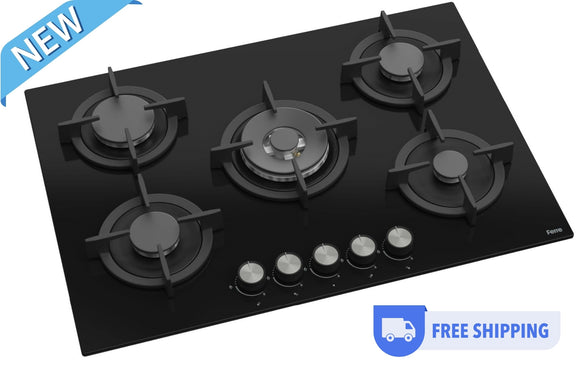 Ferre RC035 - 75cm Built-in Gas Hob - 5 Burners - Black Glass - Cast Iron Pan Supports