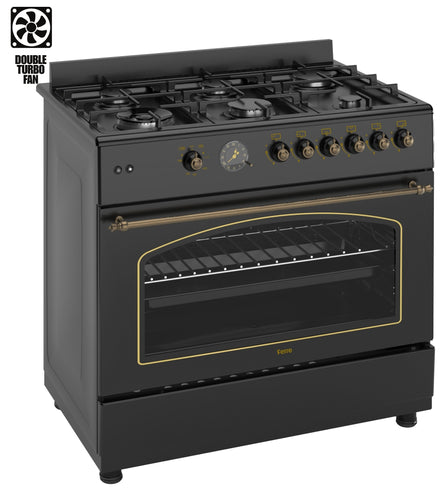 Ferre F9S60GF-BL-RETRO 90cm Gas Range Cooker With Double Turbo Fan & 6 Burner(1 Wok) Gas Hob - Black